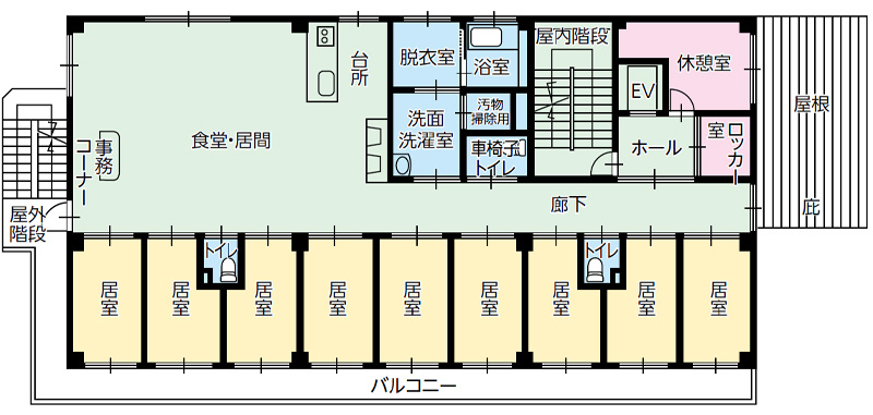 江戸川区のグループホーム えくせれんと江戸川の基準階平面図（2F・3F）