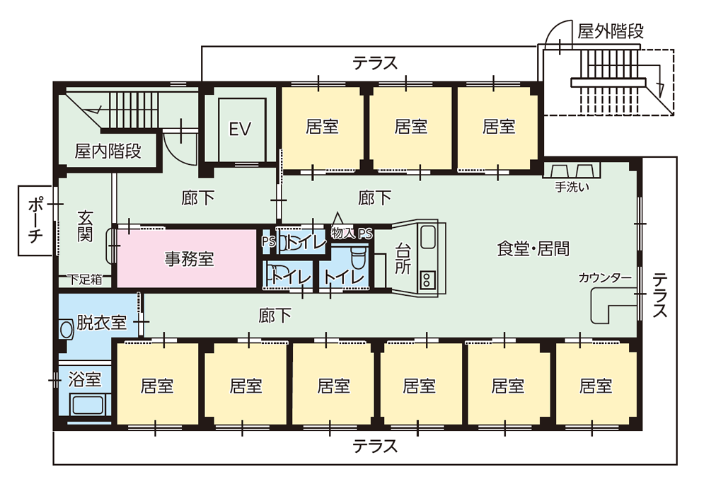 西宮市のグループホーム エクセレント夙川東の基準階平面図（1F）
