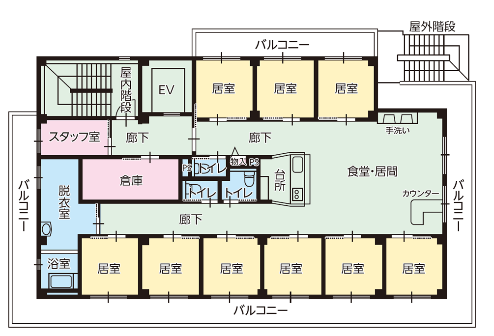 西宮市のグループホーム エクセレント夙川東の平面図（2F）