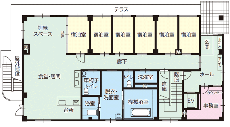 練馬区の看護小規模多機能型居宅介護 エクセレント練馬の平面図（1F）